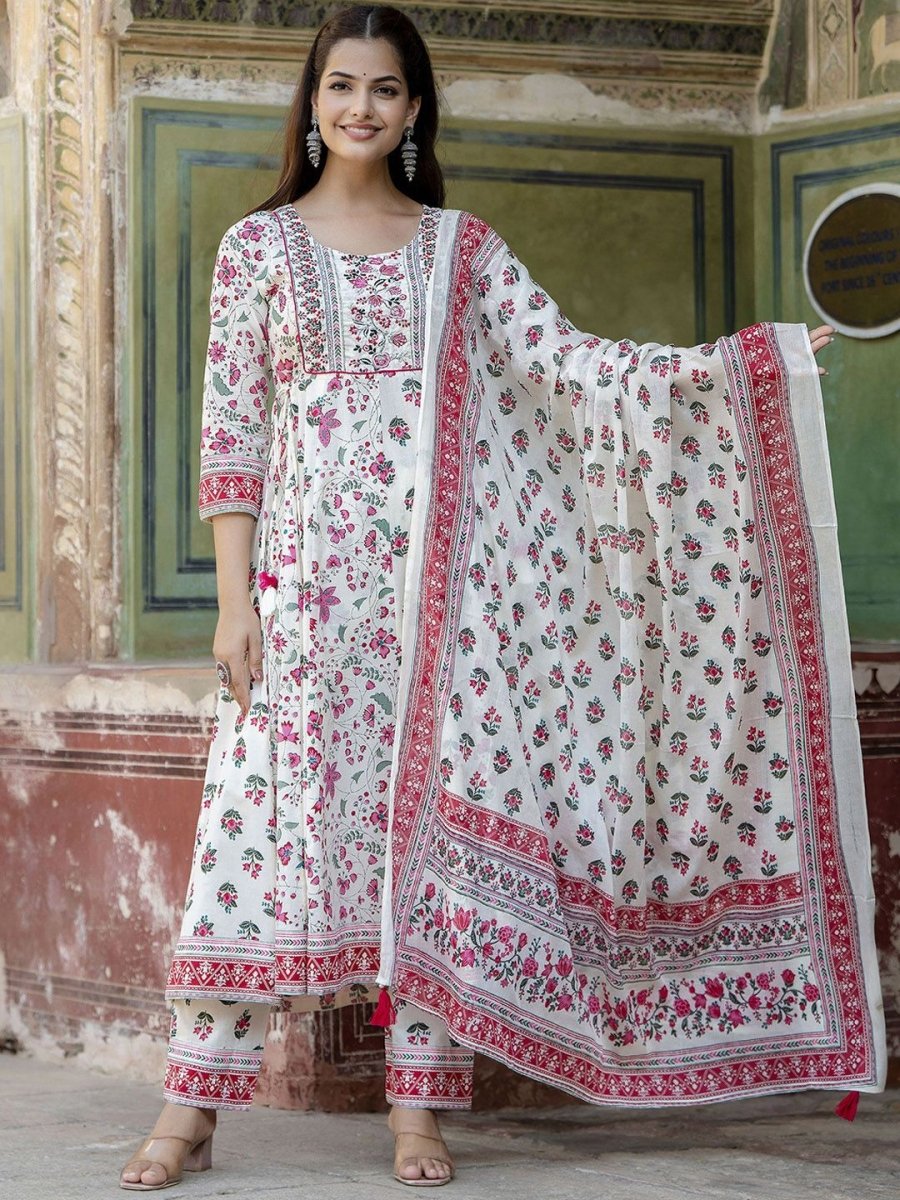 Anouk White Floral Printed Thread Work Pure Cotton Anarkali Kurta With Trouser & Dupatta - Distacart