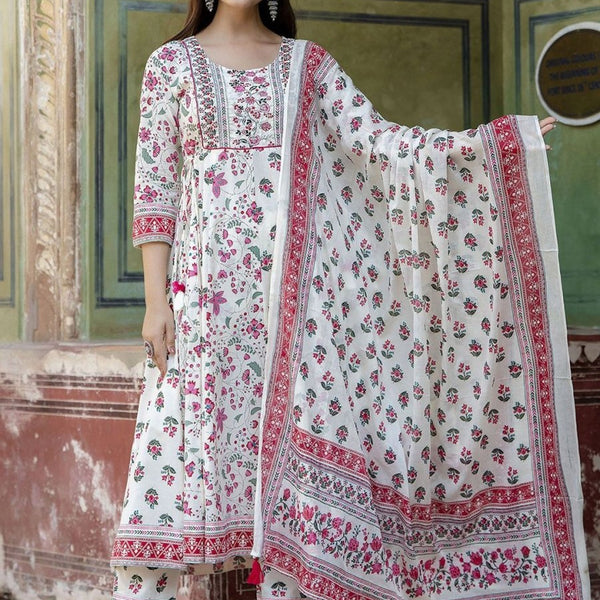 Anouk White Floral Printed Thread Work Pure Cotton Anarkali Kurta With Trouser & Dupatta - Distacart