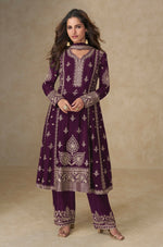 Thumbnail for Anaita Dark Purple Chinon Silk Stitched Suit with Embroidery & Sequence Work - Distacart
