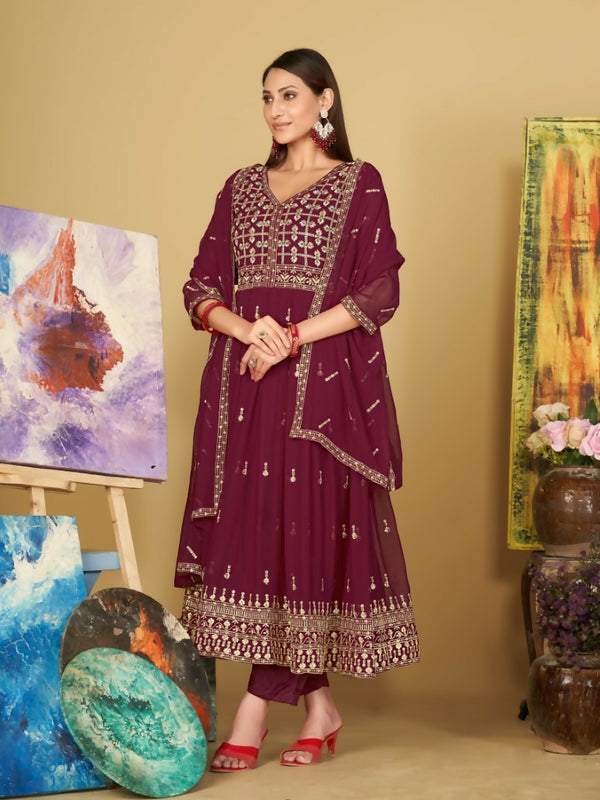 Jyoti Fashion Women's Rani Pink Georgette Embroidered Anarkali Kurta Pant Set With Dupatta - Distacart