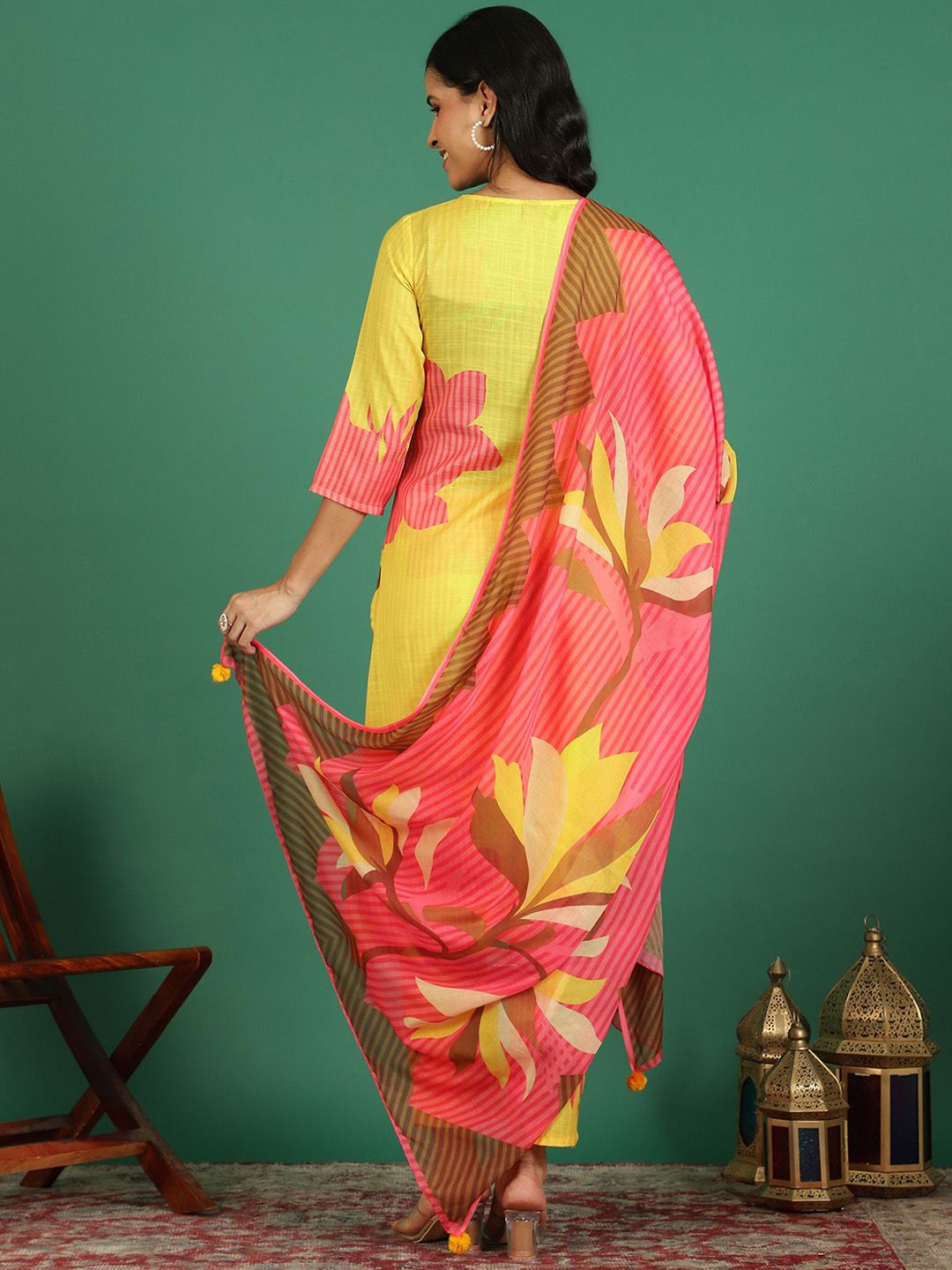 Sangria Printed V- Neck Kurta & Trousers With Dupatta