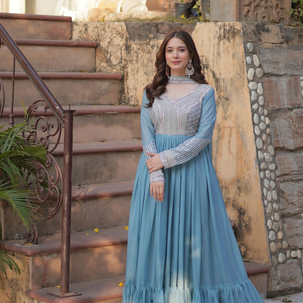 Joban Fashion Sky Blue Georgette Sequence Embroidery Work Kurta Set