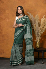 Thumbnail for Very Much Indian Handblock Printed Cotton Saree With Natural Dyes - Leaf Green - Distacart
