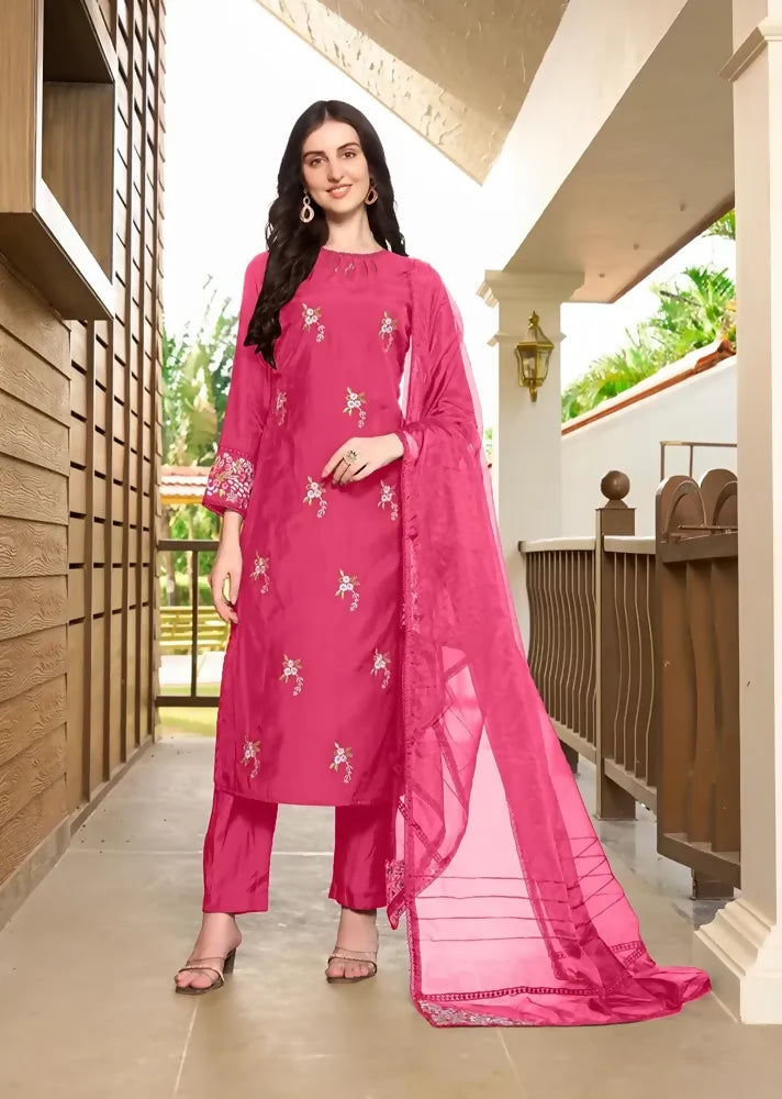 Nikhaar Pink Embroidered Art Silk Straight Cut Readymade Pakistani Suit