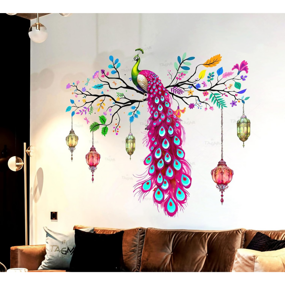 TAGMA GROUP Peacock Wall Sticker Vinyl Colourful Wall Art Decal with Hanging Lanterns - Dista