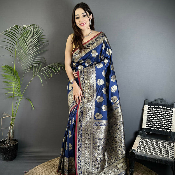 Joban Fashion Navy Blue Ethnic Floral Motifs Soft Lichi Silk Banarasi Saree - Distacart