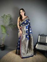 Thumbnail for Joban Fashion Navy Blue Ethnic Floral Motifs Soft Lichi Silk Banarasi Saree - Distacart
