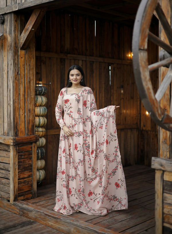 Jyoti Fashion Women's Cream Faux Georgette Floral Digital Printed Anarkali Dress with Dupatta - Distacart