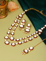 Thumbnail for Ruby Raang 22k Gold Polished Red Meenakari Kundan Layered Necklace With Earrings & Maang Tikka