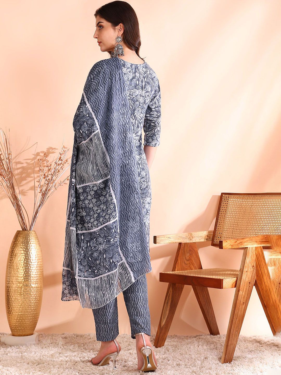 Ode by House of Pataudi Printed Mirror Work Pure Cotton Kurta With Trousers & Dupatta - Distacart
