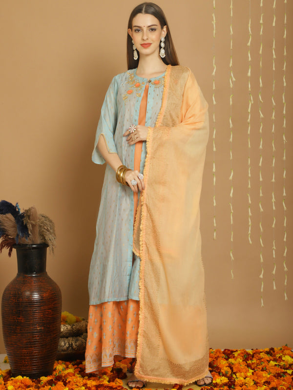 Jyoti Fashion Women's Turquoise Chanderi Silk Elegant Jardoshi Kurta with Trouser & Dupatta - Distacart