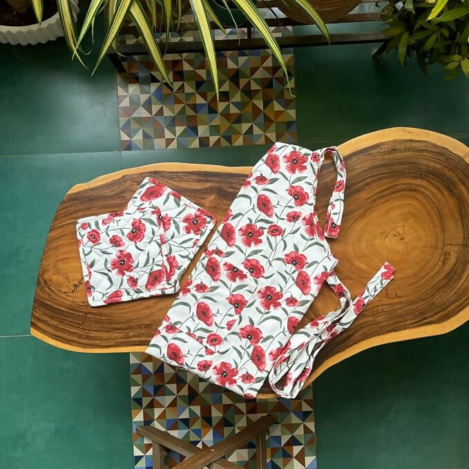 Oak & Lily 100% Cotton Kitchen Apron-Red Poppy Flower - Dista