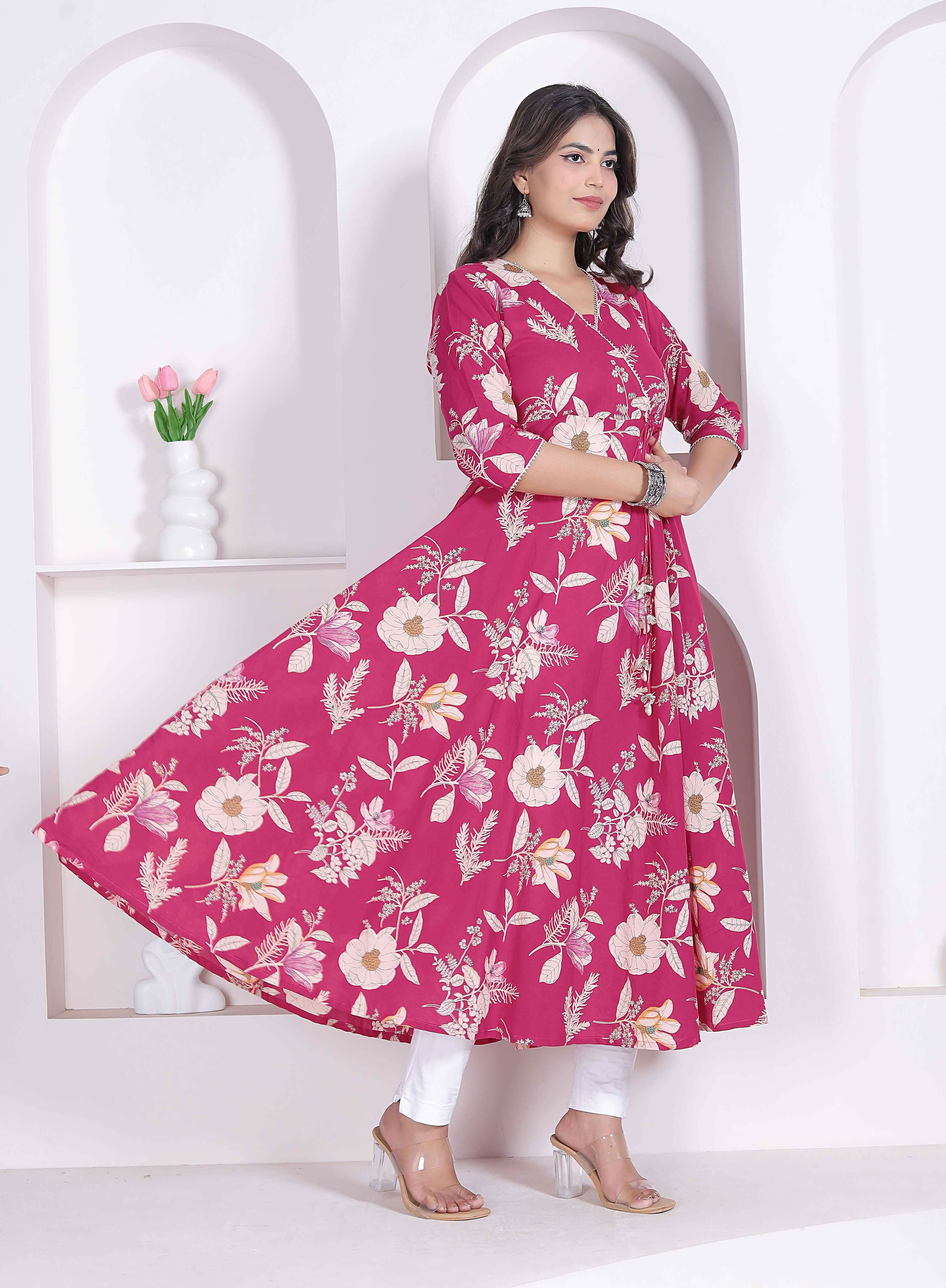 Miravan Womens Pink Floral Printed Angrakha Kurta - Dista