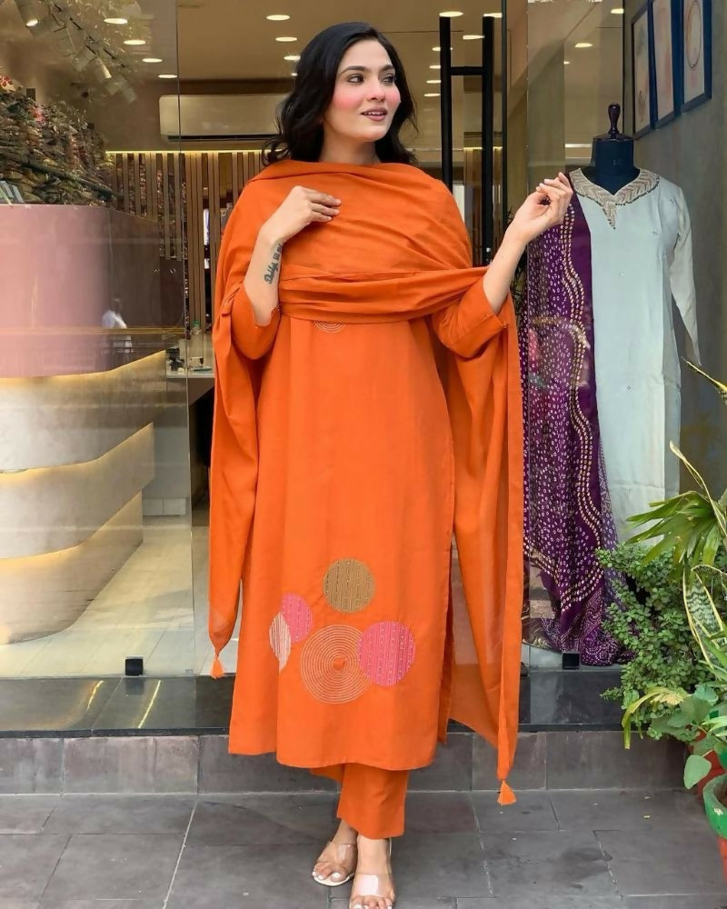 Teeya Creation Women Orange Geometric Embroidered Straight Kurta with Pants and Dupatta Set - Dista