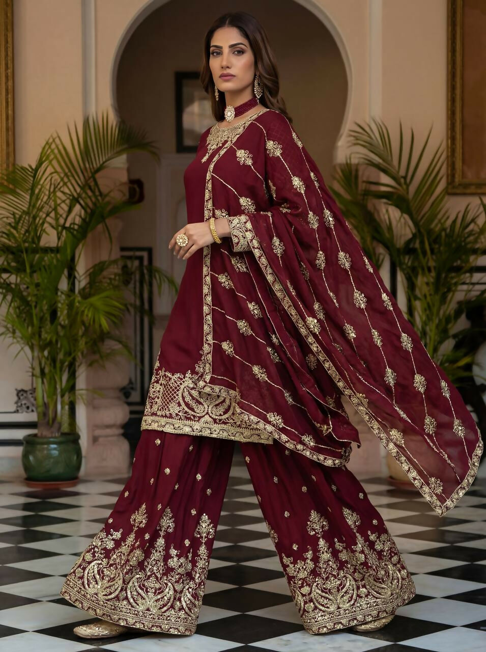 Teeya Creation Maroon Chinon Silk Designer Wedding Wear Embroidery Work Palazzo - Distacart