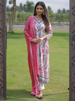 Thumbnail for The52 Women's Beautiful Rayon Fabric Printed Work Flared Kurta Pant and Dupatta Set - Distacart
