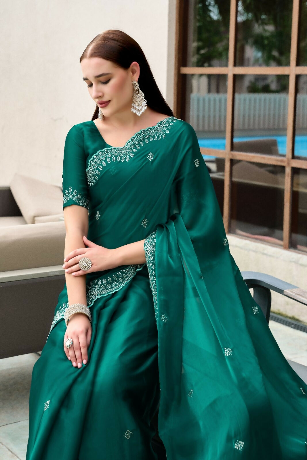 Vastranavya Rama Embroidery Work Shimmer Chiffon Saree with Unstitched Blouse