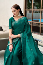 Thumbnail for Vastranavya Rama Embroidery Work Shimmer Chiffon Saree with Unstitched Blouse