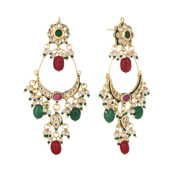 Nuyug 22K Gold Plated Crescent Kundan Drop Red Stone Chandbali Earrings