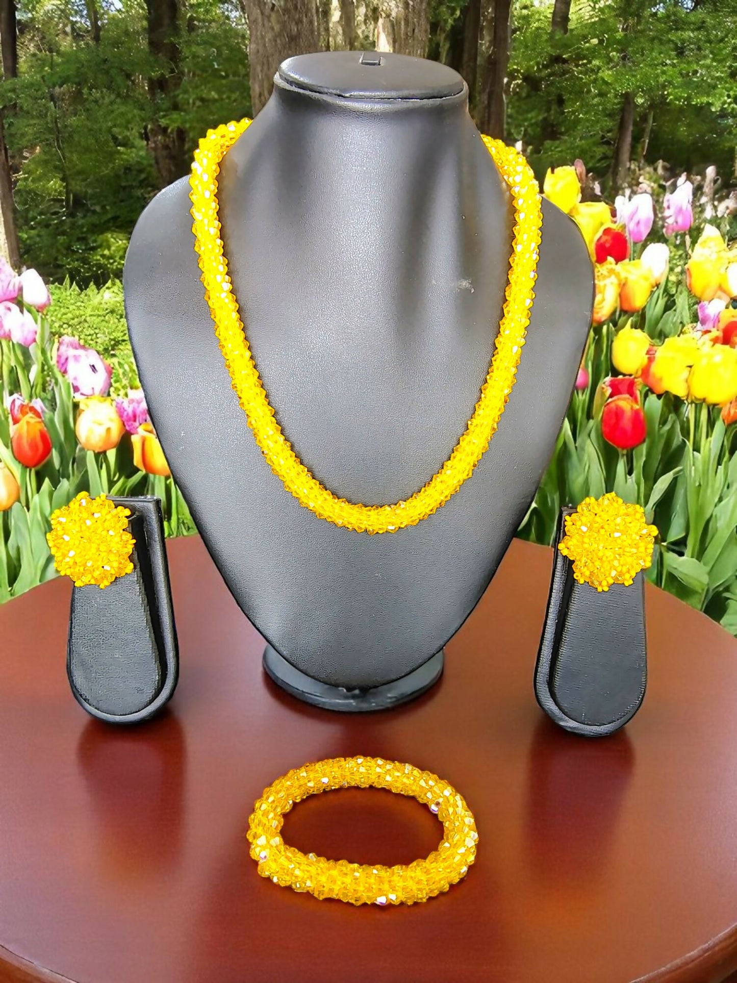 Inhanns Complete Look Crystal Statement 3-Piece Set (Adjustable Necklace + Earrings + Adjustable Bangle ) - Yellow - Distacart