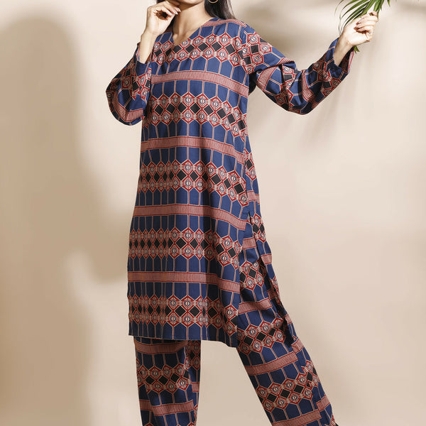 Breathables Women'S Blue Cotton Abstract Print Loungewear Co-Ord Set – Long Kurta & Pants - Dista