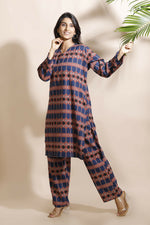 Thumbnail for Breathables Women'S Blue Cotton Abstract Print Loungewear Co-Ord Set – Long Kurta & Pants - Dista