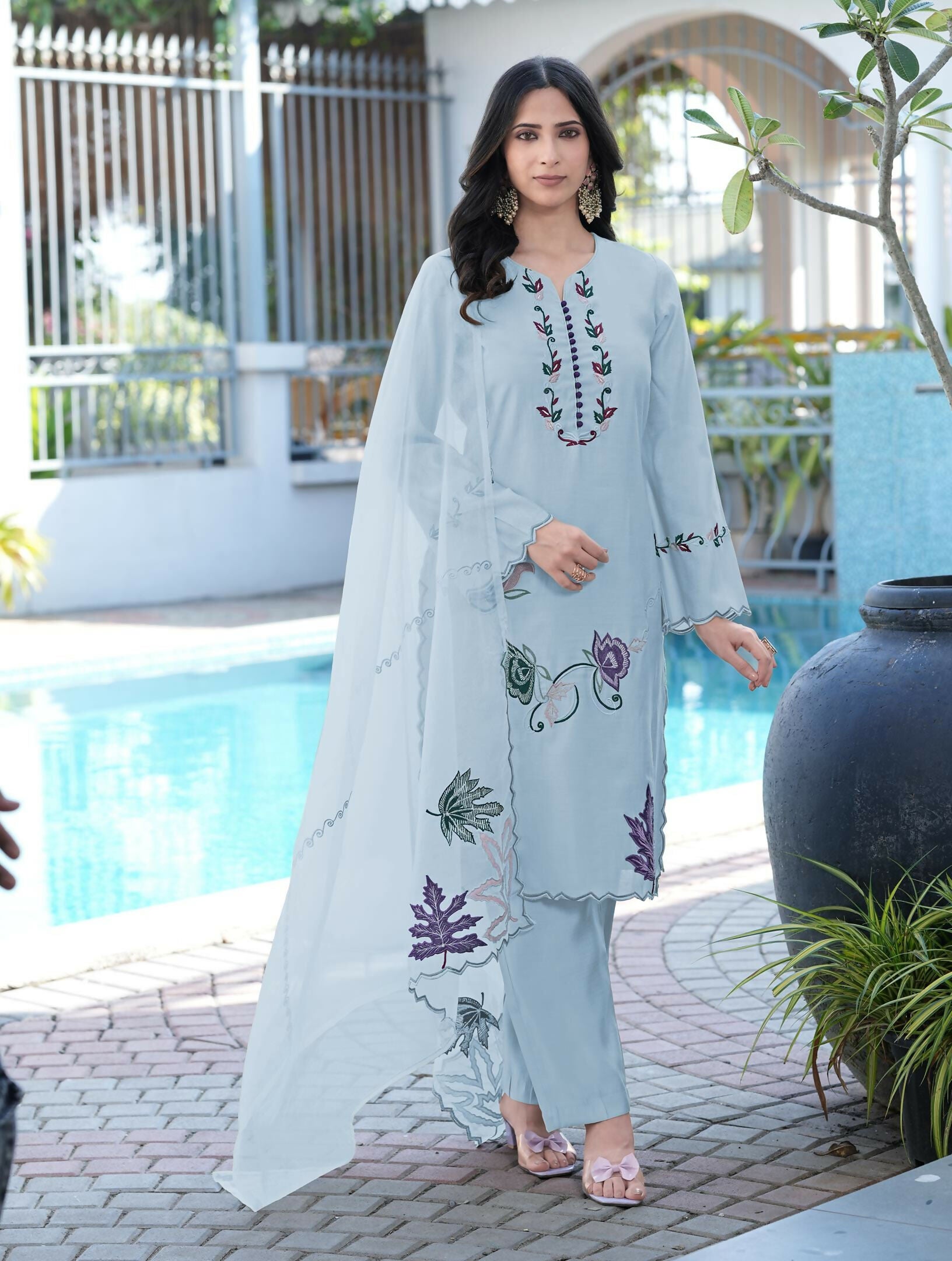 Nikhaar Light Blue Embroidered Art Silk Stitched Straight Cut Kurta Pants Dupatta Readymade Suit - Dista