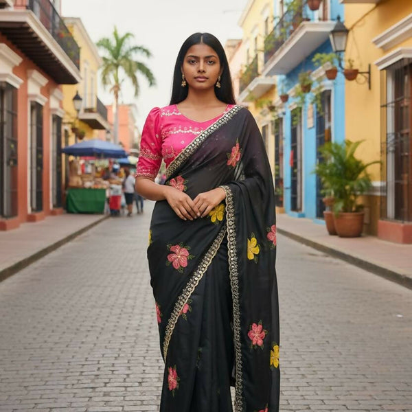 Teeya Creation Black Rangoli Silk Embroidery Work Party Wear Designer Saree - Distacart