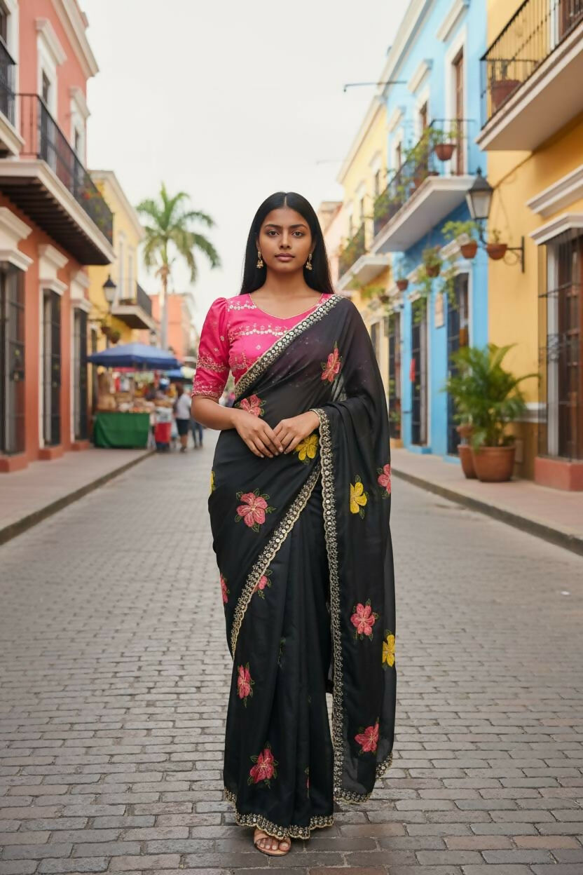 Teeya Creation Black Rangoli Silk Embroidery Work Party Wear Designer Saree - Distacart