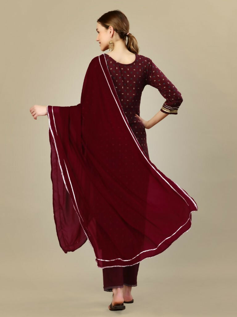 Jyoti Fashion Women's Maroon Silk Blend Embroidery & Sequence work Kurta with Trouser & Dupatta - Distacart