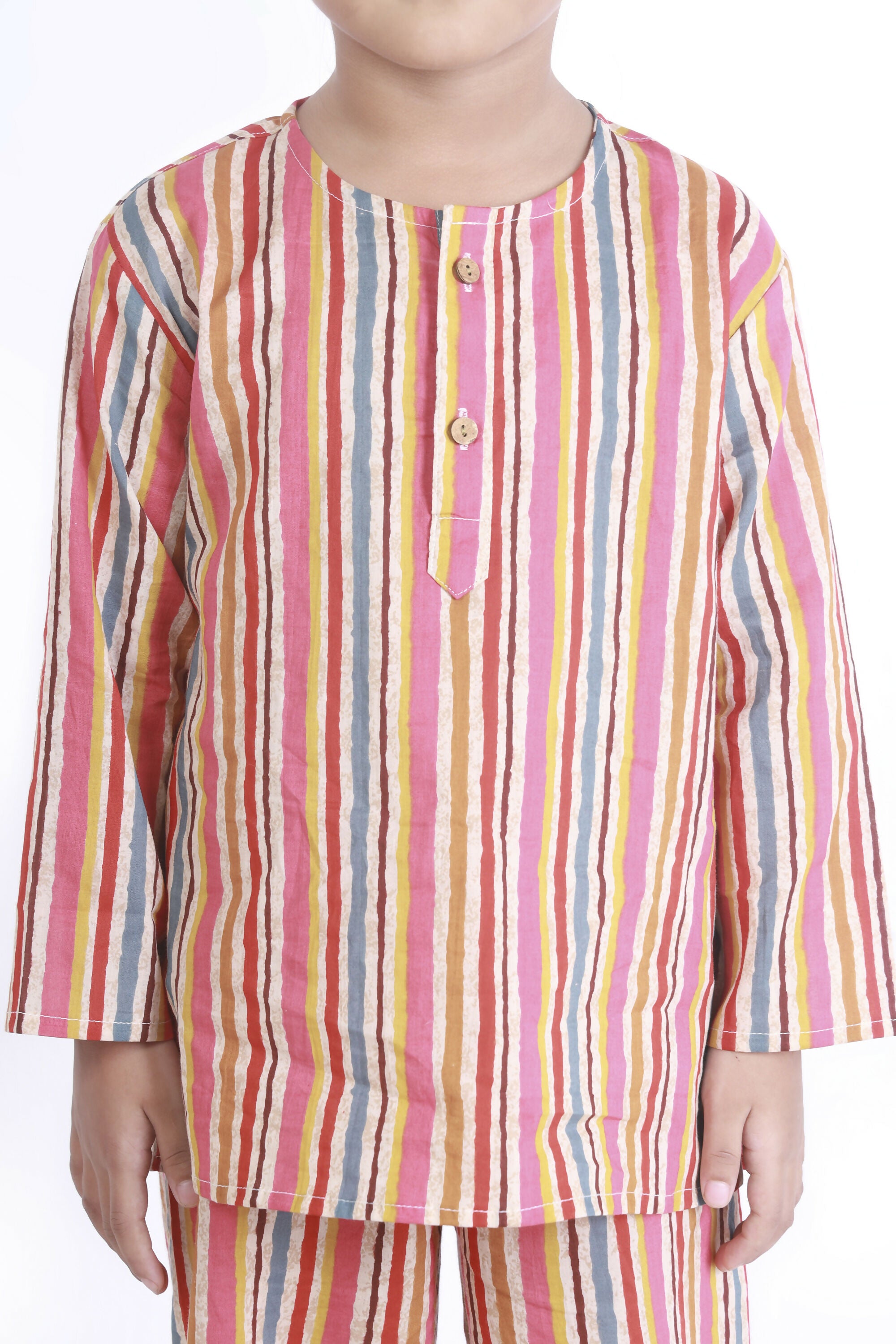 Breathables Kids Cotton Stripes Print Kurta Pyjama Night Suit - Multicolor - Dista