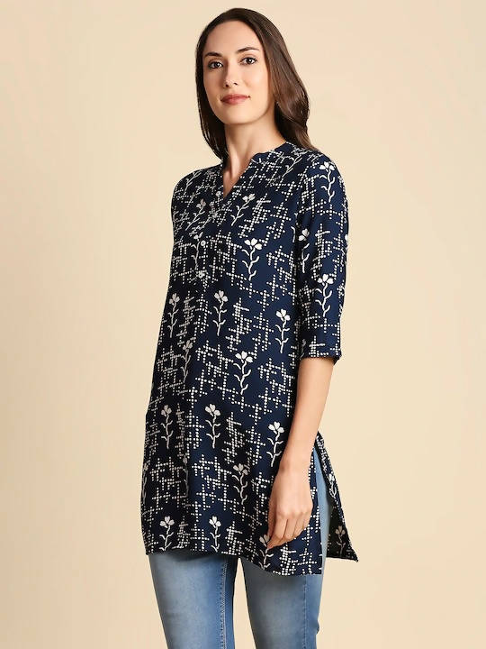 Anubhutee Navy & White Printed Straight Kurti - Distacart
