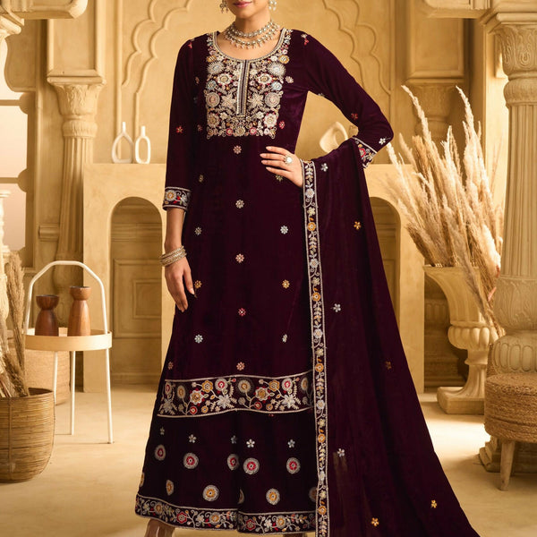 Anaita Maroon Embroidered Work Velvet Stitched Plazo Suit - Distacart