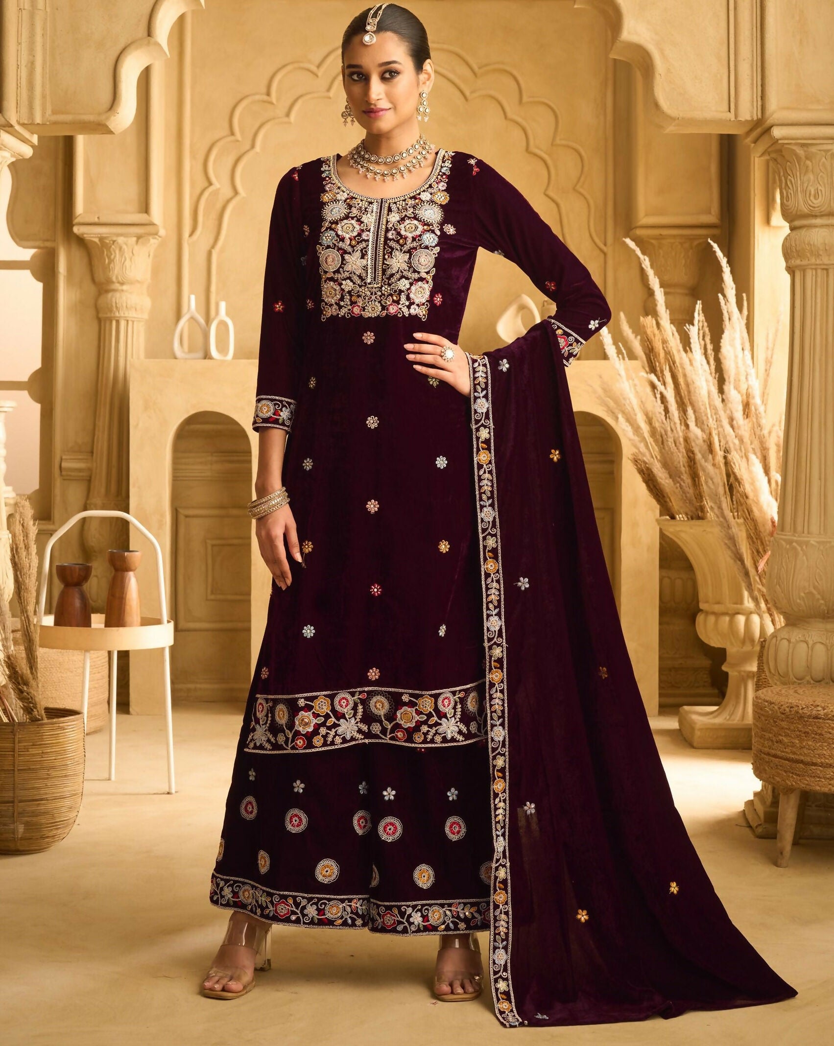 Anaita Maroon Embroidered Work Velvet Stitched Plazo Suit - Distacart