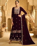 Thumbnail for Anaita Maroon Embroidered Work Velvet Stitched Plazo Suit - Distacart