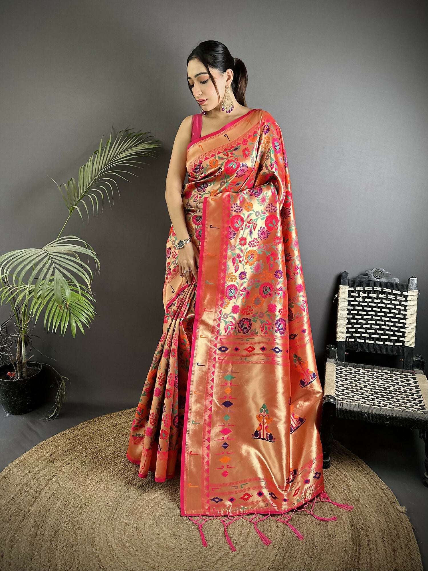 Joban Fashion Rani Pink Intricate Zari Weaving & Vibrant Motifs Soft Silk Paithani Saree