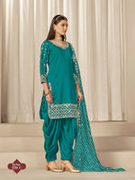 Thumbnail for Anaita Turquoise Roman Silk Stitched Suit with Embroidery & Real Mirror Work - Distacart