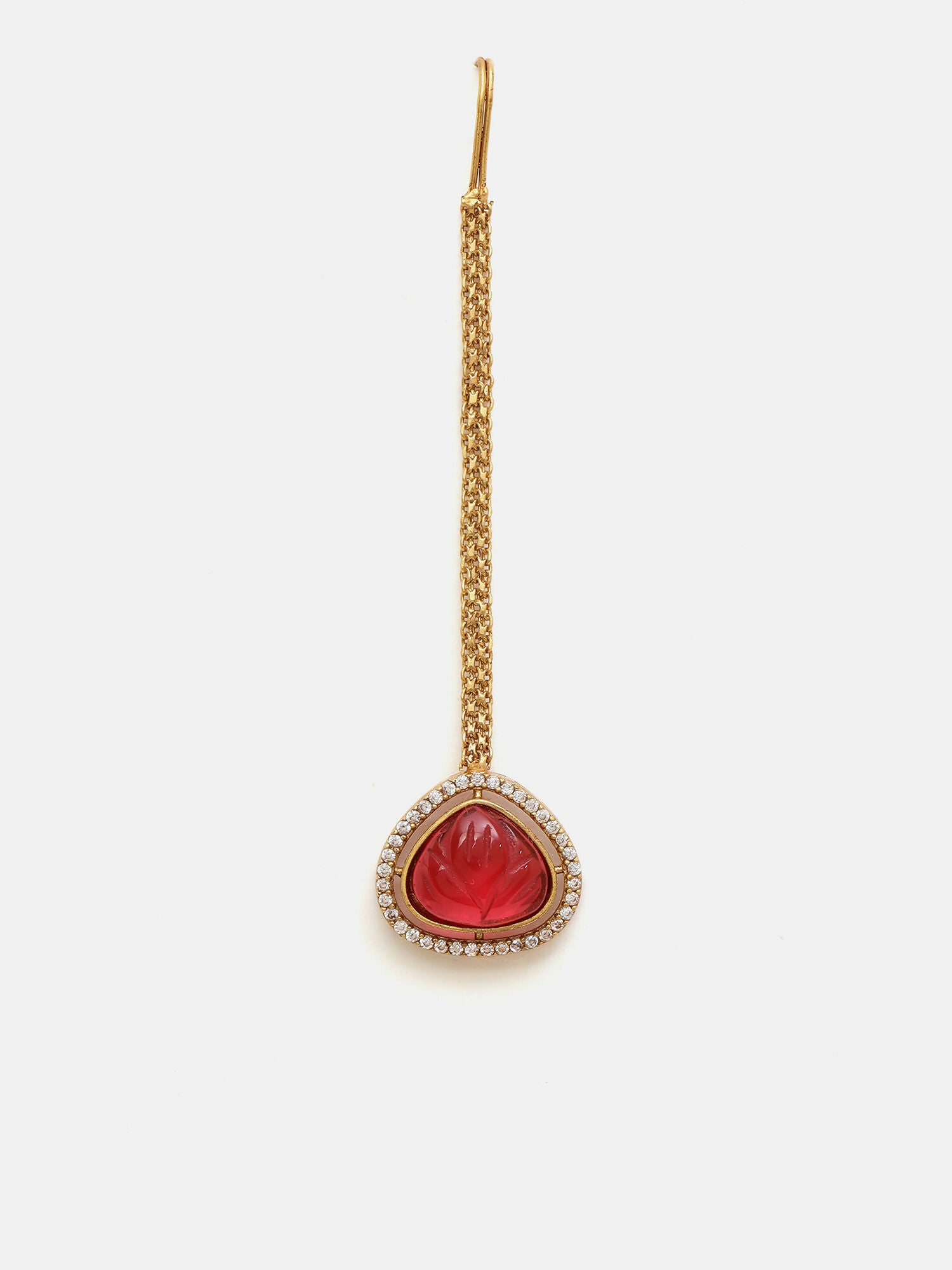 Ruby Raang Gold Polished Maroon Stone Kundan Maang Tikka