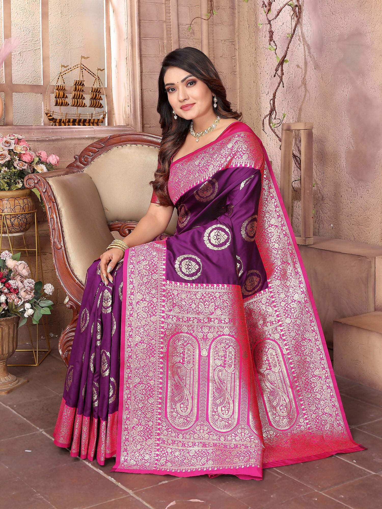Joban Fashion Purple Banarasi Soft Silk Woven Saree