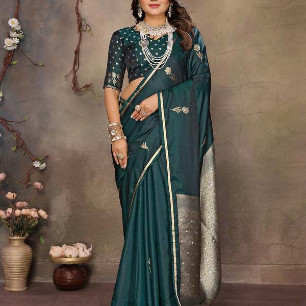 Joban Fashion Dark Green Floral & Botanical Motifs Satin Silk Banarasi Silk Saree - Distacart