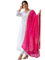 Thumbnail for The52 White Women's Gorgeous Embroidered Chanderi Fabric Straight Kurta, Pant and Dupatta Set - Distacart