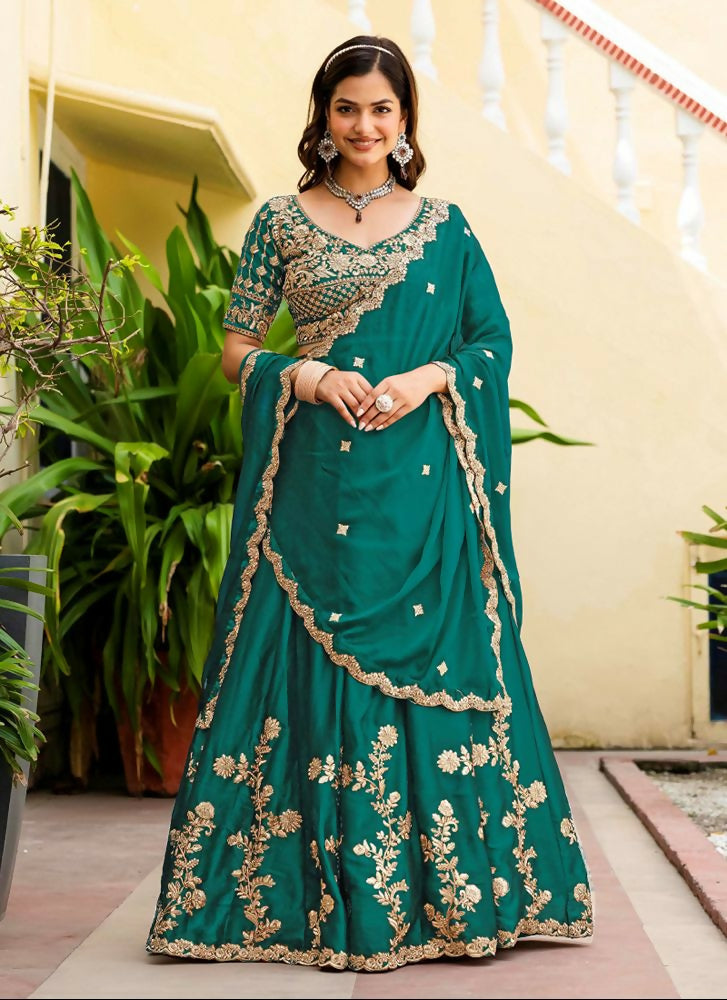 Jihu Culture Women's Teal Green Zari Embroidery Work Lehenga Choli