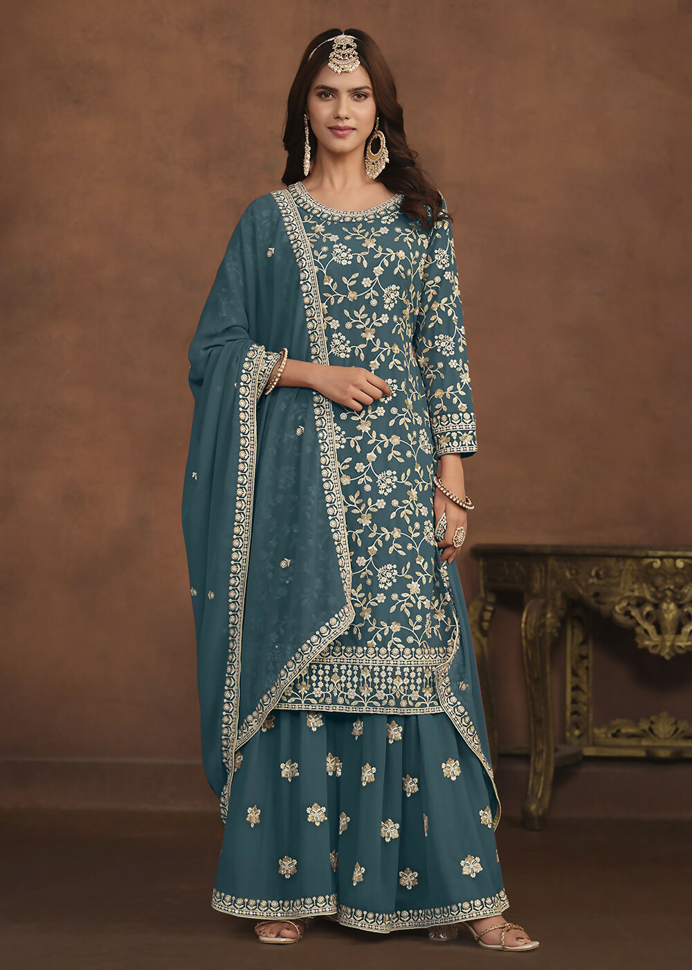 Faux Georgette Teal Blue Embroidered Festive Salwar Suit - Emponline - Distacart
