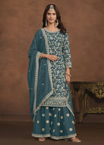 Thumbnail for Faux Georgette Teal Blue Embroidered Festive Salwar Suit - Emponline - Distacart