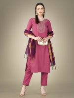 Thumbnail for Jyoti Fashion Women's Wine Cotton Magic Slub Embroidery & Sequence work Kurta with Trouser & Dupatta - Distacart