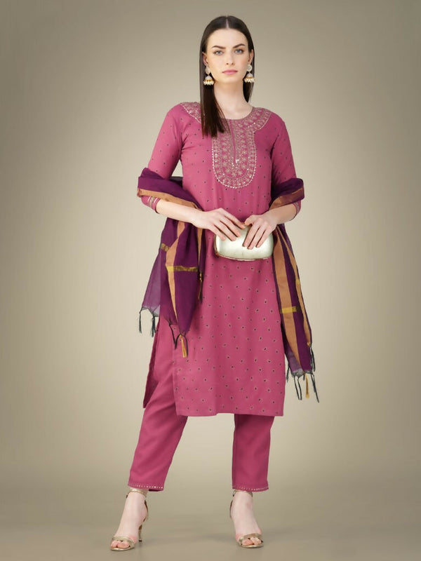 Jyoti Fashion Women's Wine Cotton Magic Slub Embroidery & Sequence work Kurta with Trouser & Dupatta - Distacart