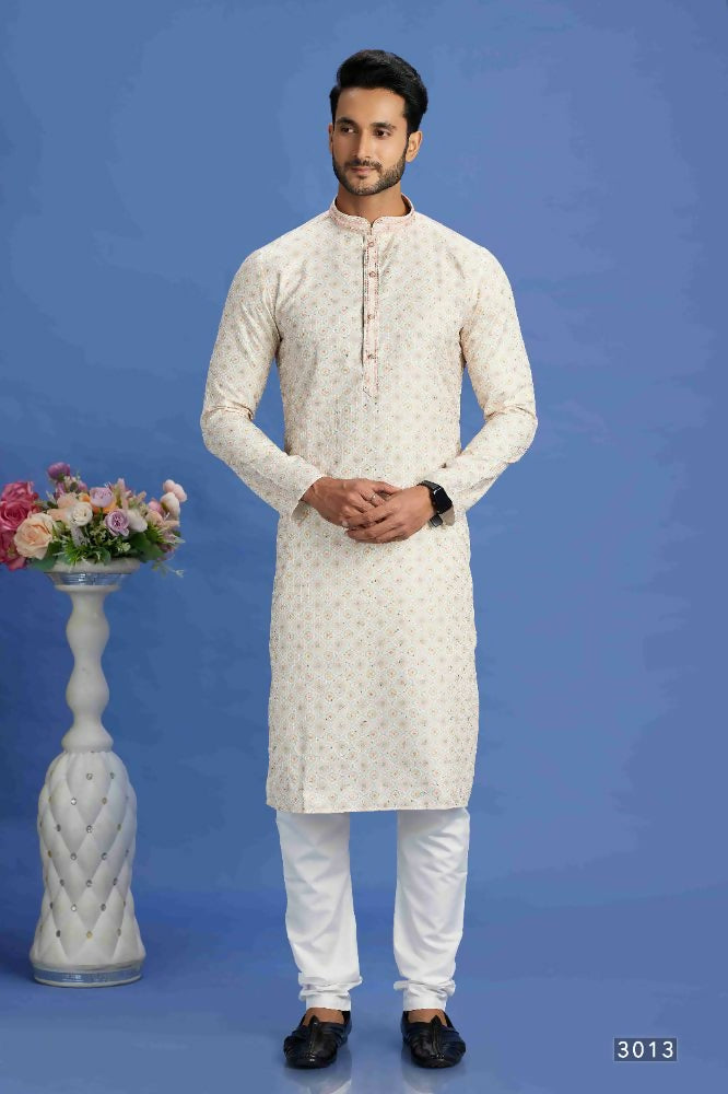 Raivat Ethnic Cotton Embroidery Kurta Pajama In Beige and Yellow Colour - Dista