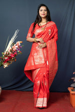 Thumbnail for Jyoti Fashion Women's Orange Paithani Silk Zari Woven Saree with Blouse - Distacart