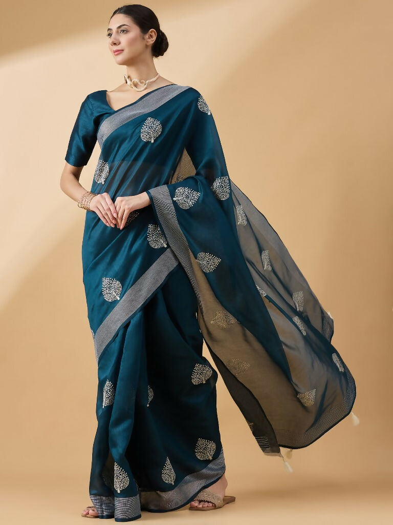 Teal Cotton Blend Thread Embroidered Saree with Unstitched Blouse - Satya - Distacart