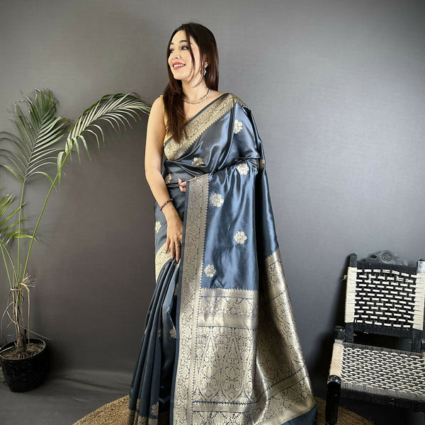 Joban Fashion Grey Floral Jacquard Woven Design Cotton Silk Banarasi Silk Saree - Distacart